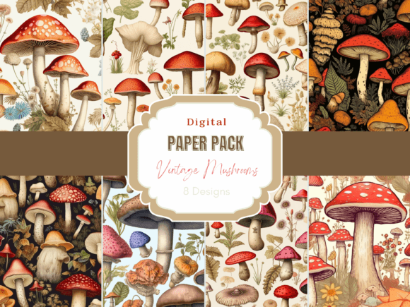 Download Vintage Mushrooms Digital Paper Pack - Paper Collection