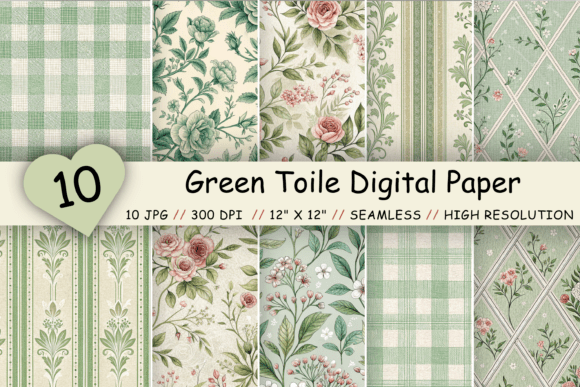 Download Green Toile Digital Paper Pack, Vintage - Paper Collection